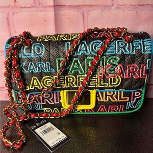 Karl Lagerfeld Black Multicolor Logo Shoulder Bag with Yellow Clasp